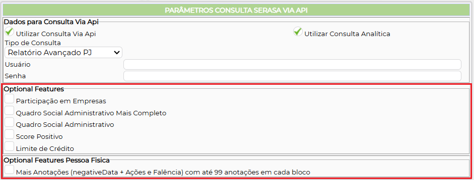 Figura 4 – Configurações de informações opcionais