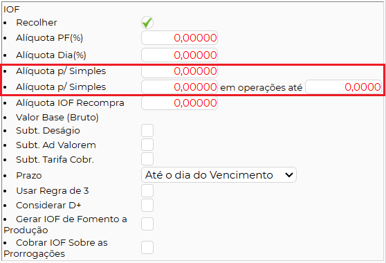 Figura 2 – Parâmetros de IOF para Simples