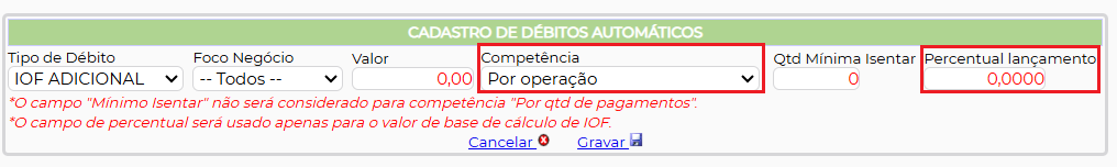 Figura 8 – Configuração IOF Adicional Cadastro Cedente