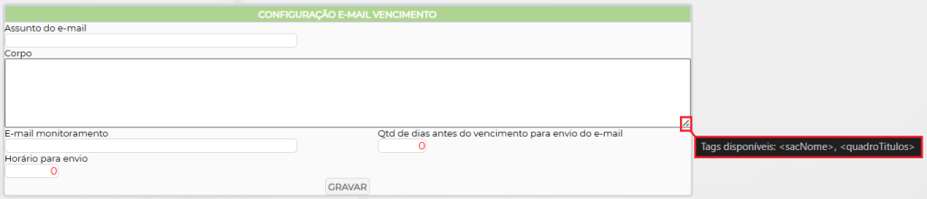Figura 3 – Tags para utilização no corpo do e-mail