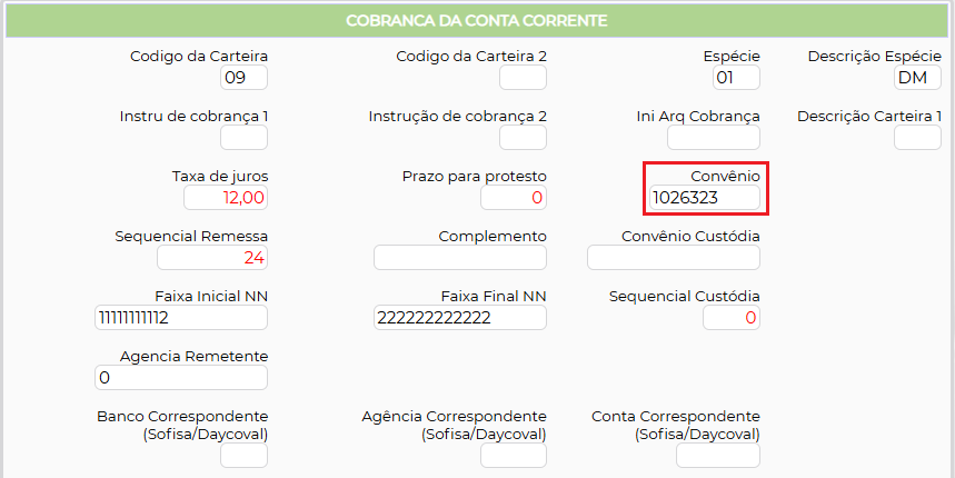Figura 5 – Configuração código cedente