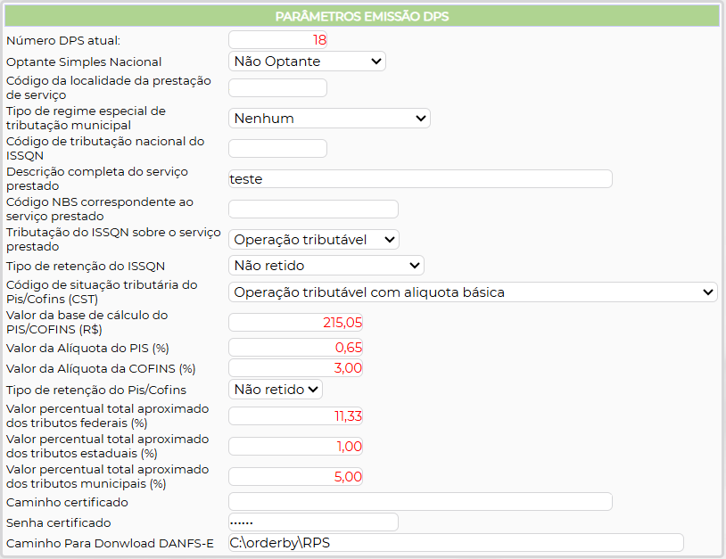 Figura 2 – Tela de parâmetros padrão nacional